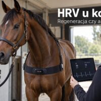 Koń z pasem do pomiaru rytmu serca i opiekunka analizująca HRV na tablecie